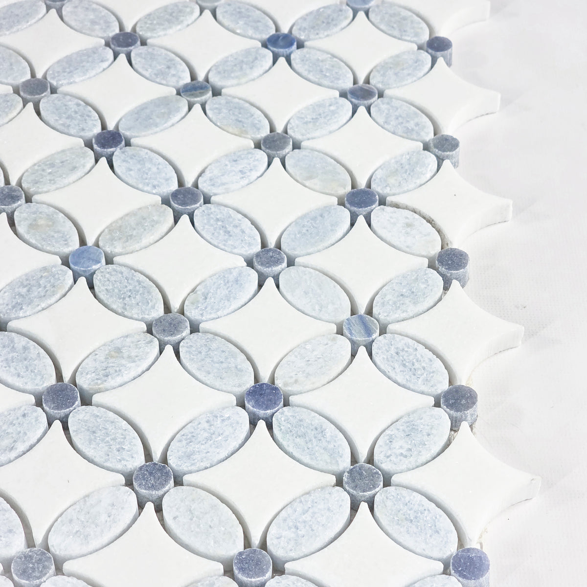 Blue Celeste Fleur with White Thassos and Azul Macauba Dot Mosaic