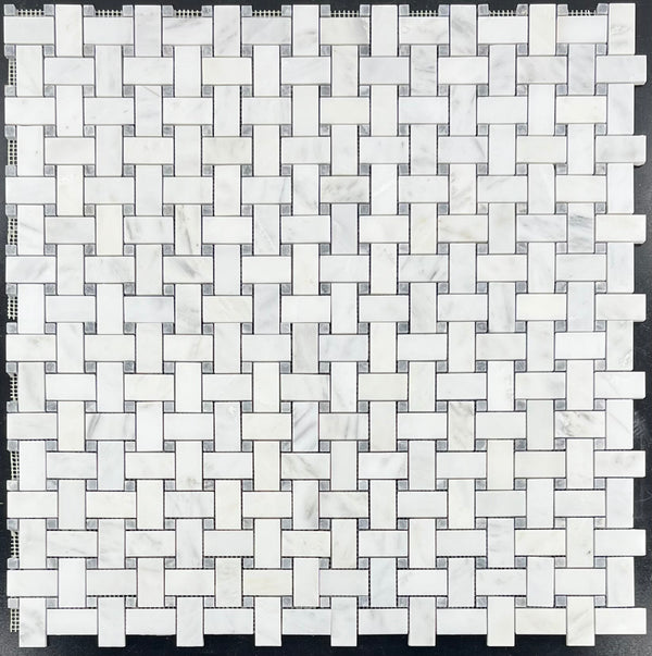 Pearl White Basketweave with 3/8" Pacific Gray Dot Mosaic Polished