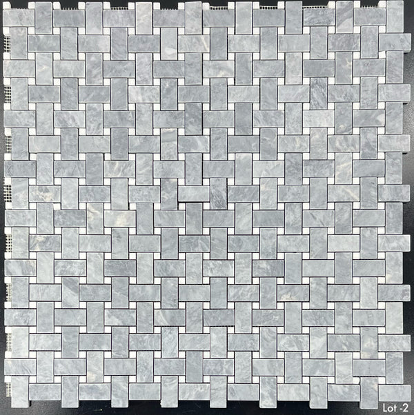 Pacific Gray Basketweave with 3/8" White Absolute Dot Mosaic Honed - Elon Tile & Stone