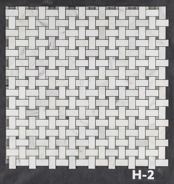 Pearl White Basketweave with 3/8" Emerald Green Dot Mosaic Honed