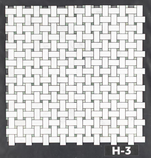 Pearl White Basketweave with 3/8" Emerald Green Dot Mosaic Honed