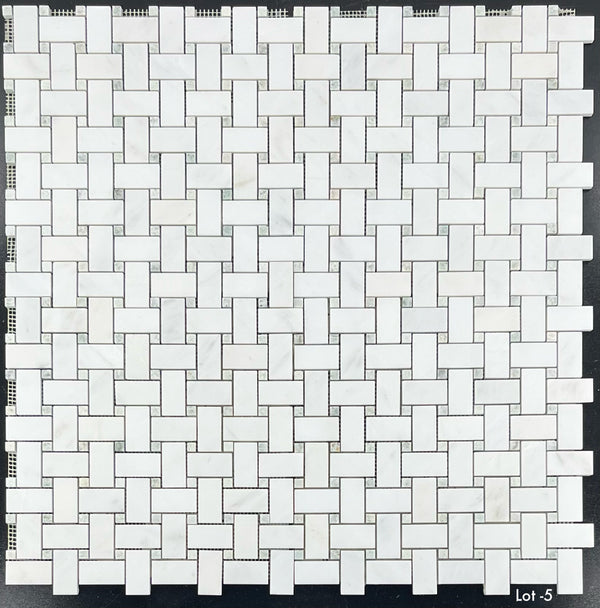 Pearl White Basketweave with 3/8" Emerald Green Dot Mosaic Honed