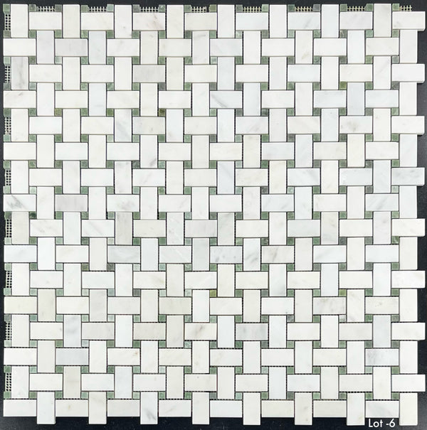 Pearl White Basketweave with 3/8" Emerald Green Dot Mosaic Honed