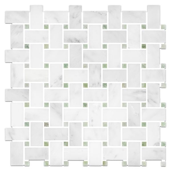 Pearl White Basketweave with 3/8" Emerald Green Dot Mosaic Honed