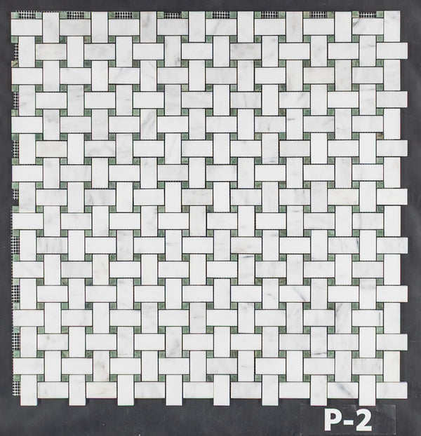 Tejido de cesta blanco perla con mosaico de punto verde Ming de 3/8" pulido