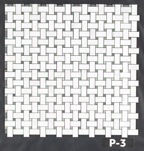 Tejido de cesta blanco perla con mosaico de punto verde Ming de 3/8" pulido