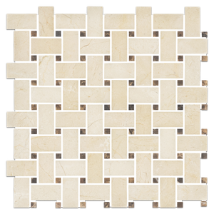 Crema Marfil Basketweave with 3/8" Dark Emperador Dot Mosaic Polished - Elon Tile & Stone