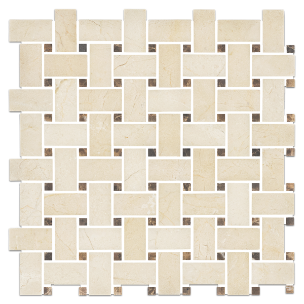 Crema Marfil Basketweave with 3/8" Dark Emperador Dot Mosaic Polished - Elon Tile & Stone