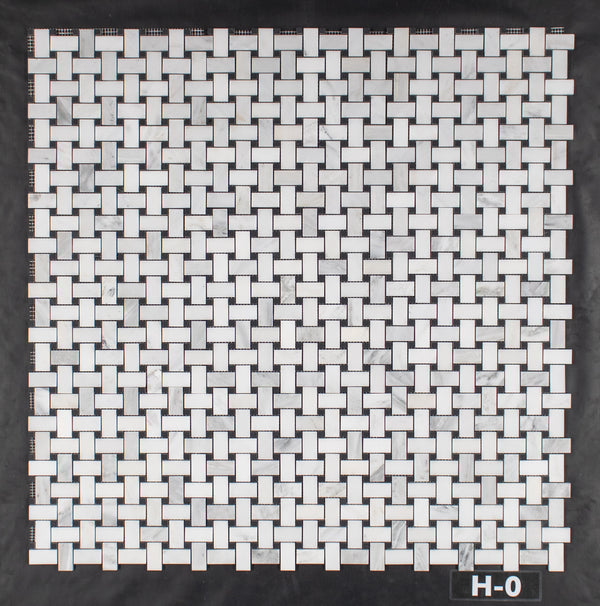 Pearl White Basketweave with 3/8" Black Dot Mosaic Honed