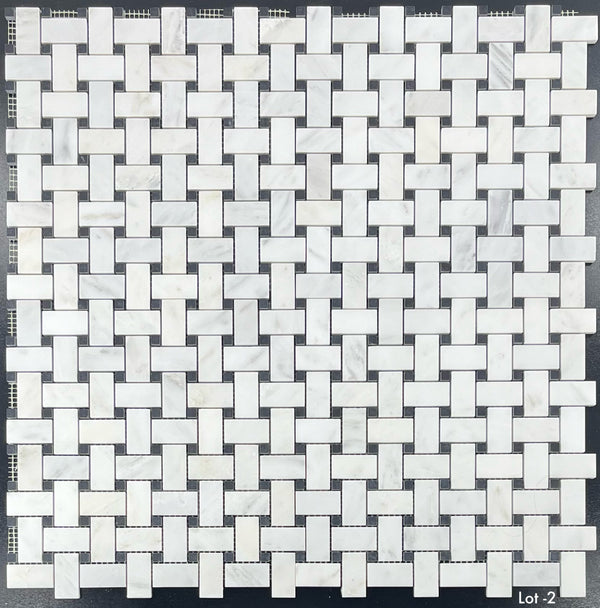 Pearl White Basketweave with 3/8" Black Dot Mosaic Honed