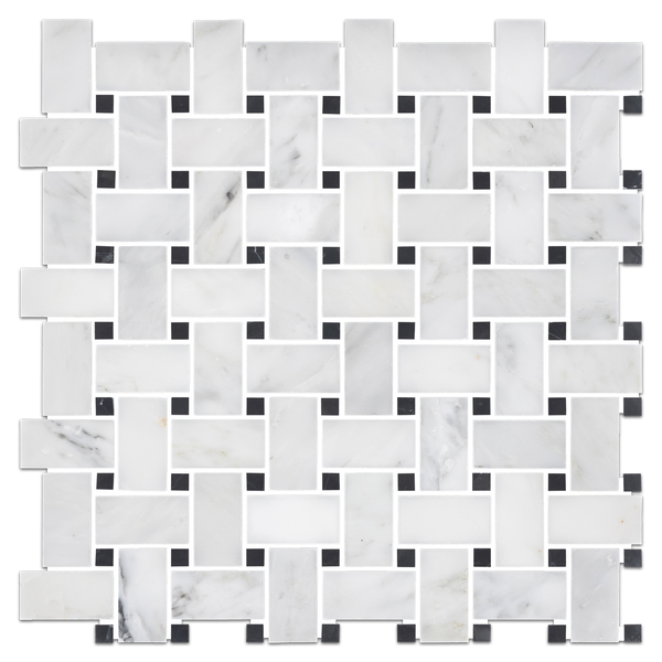 Pearl White Basketweave with 3/8" Black Dot Mosaic Honed