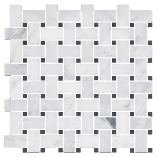 Pearl White Basketweave with 3/8" Black Dot Mosaic Polished - Elon Tile & Stone