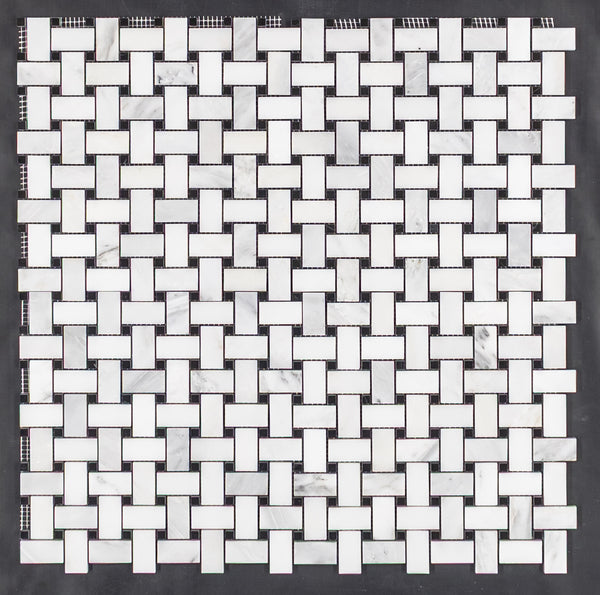 Pearl White Basketweave with 3/8" Black Dot Mosaic Polished - Elon Tile & Stone