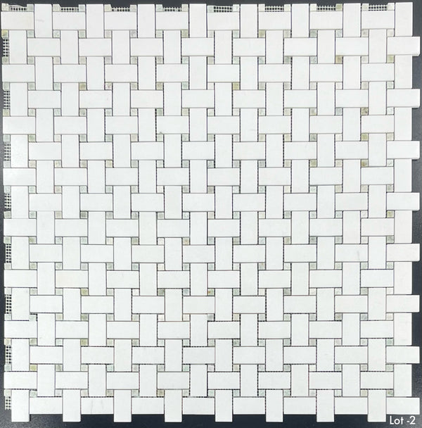 White Thassos Basketweave with 3/8" Ming Green Dot Mosaic Polished