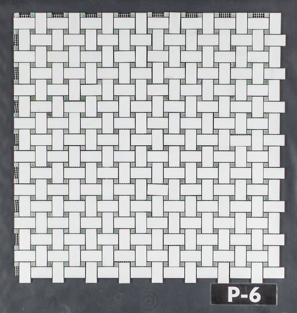 White Thassos Basketweave with 3/8" Ming Green Dot Mosaic Polished