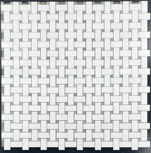 White Thassos Basketweave with 3/8" Ming Green Dot Mosaic Polished