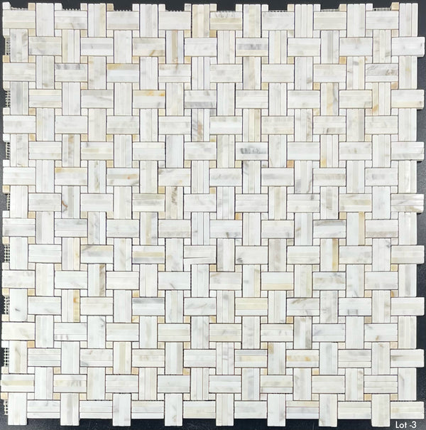 Calacatta Gold Tri-Weave with 3/8" Calacatta Gold Dot Mosaic Polished