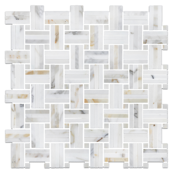 Calacatta Gold Tri-Weave with 3/8" Calacatta Gold Dot Mosaic Polished