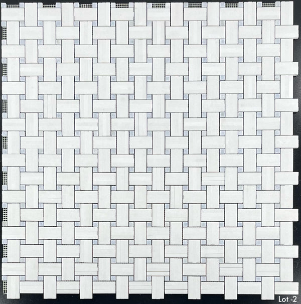 White Thassos Tri-Weave with 3/8" Blue Celeste Dot Mosaic Polished