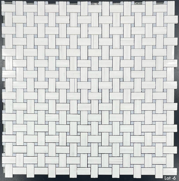 White Thassos Tri-Weave with 3/8" Blue Celeste Dot Mosaic Polished