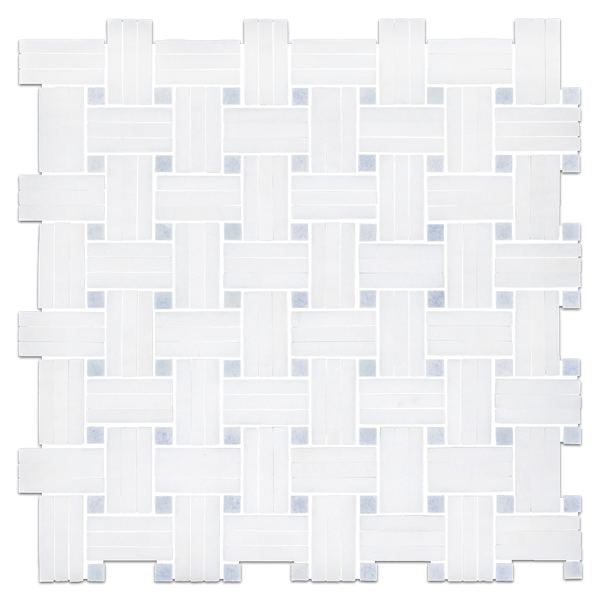 White Thassos Tri-Weave with 3/8" Blue Celeste Dot Mosaic Polished