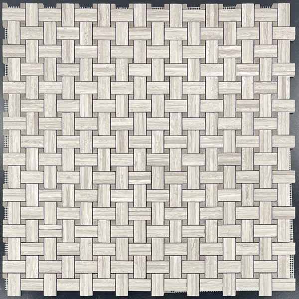 Beachwood Tri-Weave with 3/8" Driftwood Dot Mosaic Honed