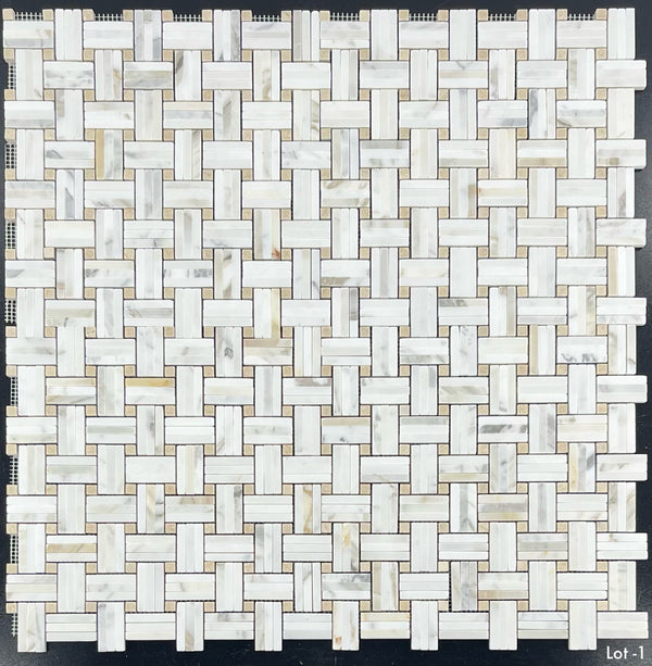 Calacatta Tri-Weave with 3/8" Crema Marfil Dot Mosaic Honed