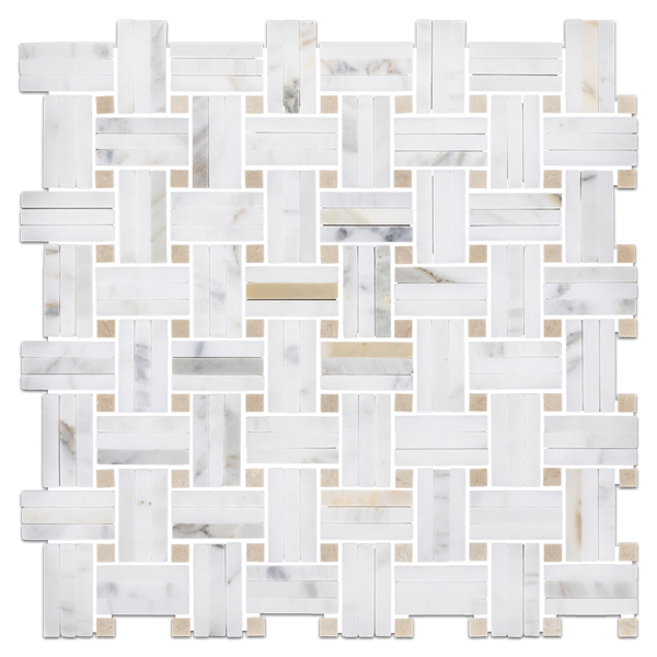 Calacatta Tri-Weave with 3/8" Crema Marfil Dot Mosaic Honed