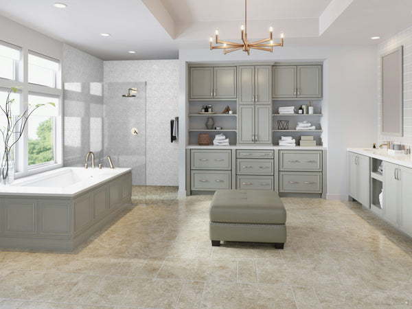 Dolomite Tri-Weave with 3/8" Crema Marfil Dot Mosaic Honed