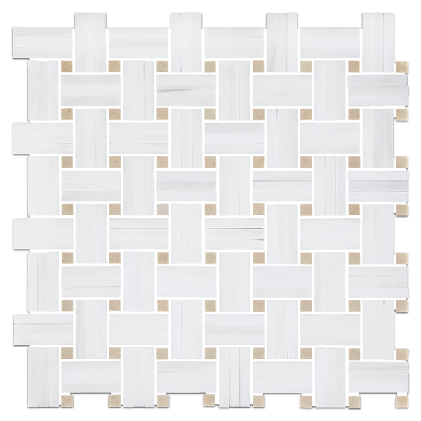 Dolomite Tri-Weave with 3/8" Crema Marfil Dot Mosaic Honed