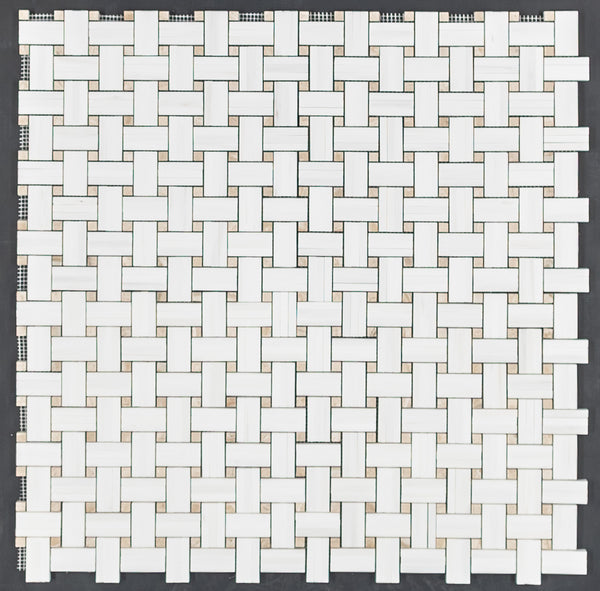 Dolomite Tri-Weave with 3/8" Crema Marfil Dot Mosaic Honed