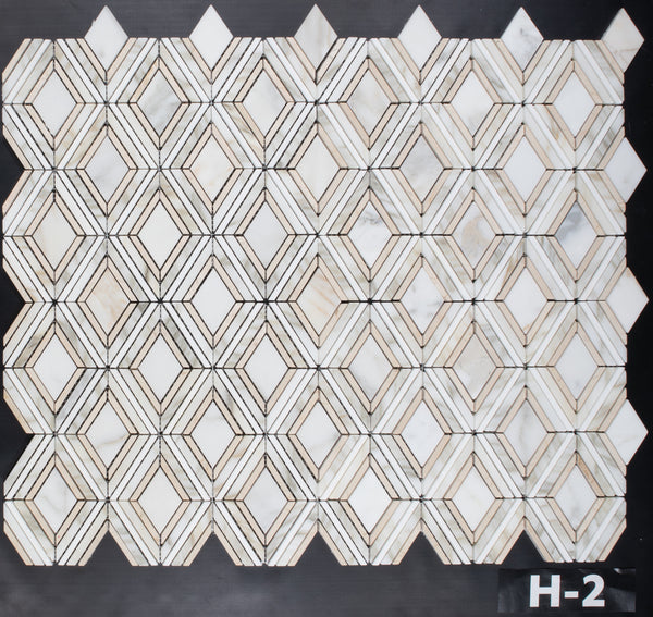 Calacatta Petite Jewel with White Thassos and Crema Marfil Mosaic Honed