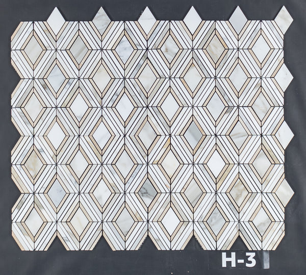 Calacatta Petite Jewel with White Thassos and Crema Marfil Mosaic Honed