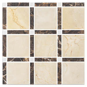 Crema Marfil Grande Square with Dark Emperador Bar and Pearl White Dot Mosaic Polished - Elon Tile & Stone