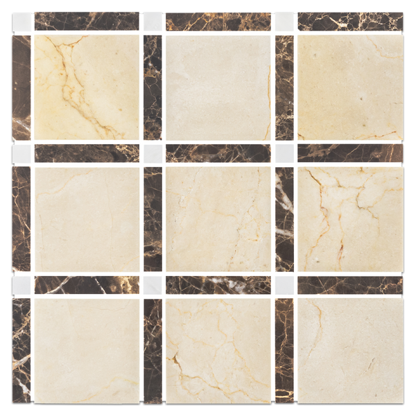 Crema Marfil Grande Square with Dark Emperador Bar and Pearl White Dot Mosaic Polished - Elon Tile & Stone