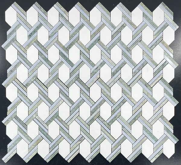 White Thassos Captiva with Blue Celeste and Emerald Green Mosaic Polished