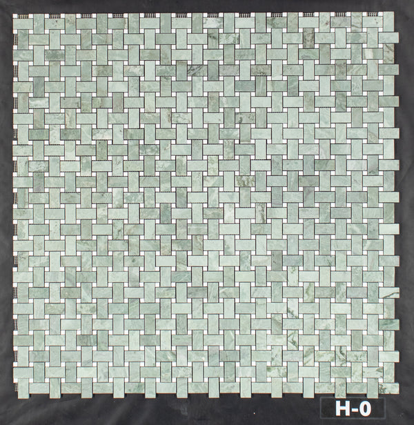 Emerald Green Basketweave with 3/8" White Thassos Dot Mosaic Honed