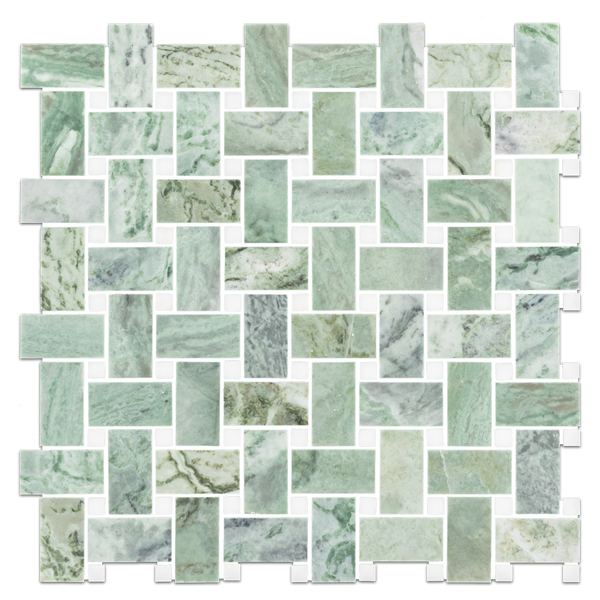Emerald Green Basketweave with 3/8" White Thassos Dot Mosaic Honed
