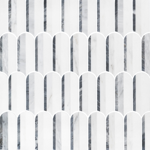 Bardiglio Nuvolato, Pearl White & White Thassos Tri-Blend Wave Mosaic Honed