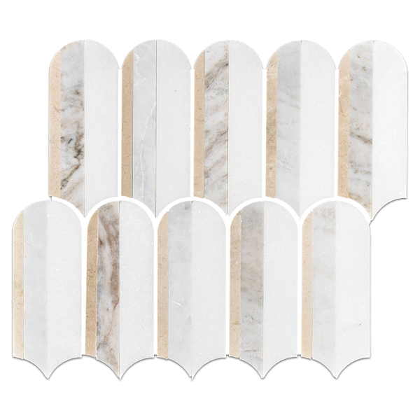 Crema Marfil, Bianco Oro & White Thassos Tri-Blend Wave Mosaic Honed