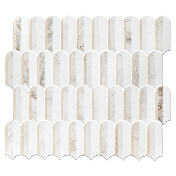 Crema Marfil, Bianco Oro & White Thassos Tri-Blend Wave Mosaic Honed