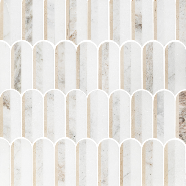 Crema Marfil, Bianco Oro & White Thassos Tri-Blend Wave Mosaic Honed