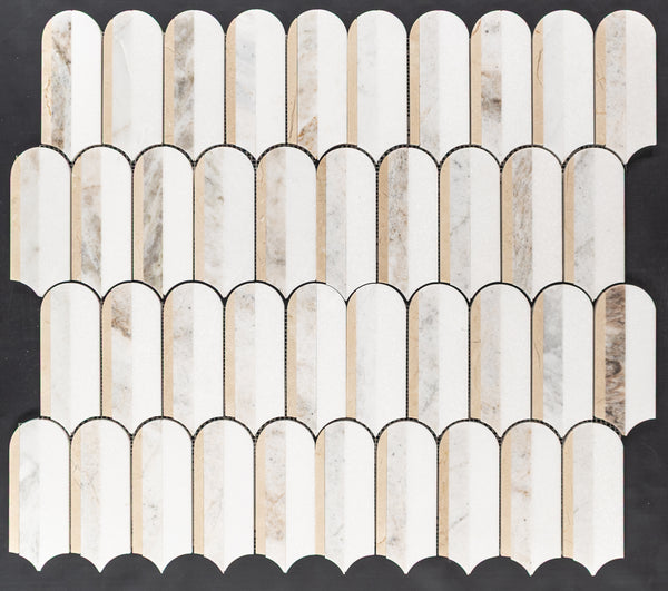 Crema Marfil, Bianco Oro & White Thassos Tri-Blend Wave Mosaic Honed