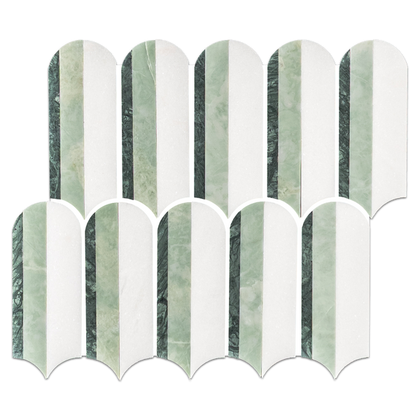 Notte Verde, Emerald Green & White Thassos Tri-Blend Wave Mosaic Honed