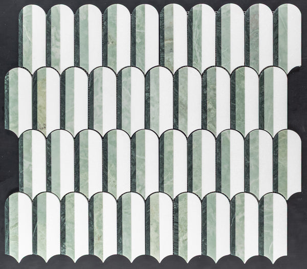 Notte Verde, Emerald Green & White Thassos Tri-Blend Wave Mosaic Honed