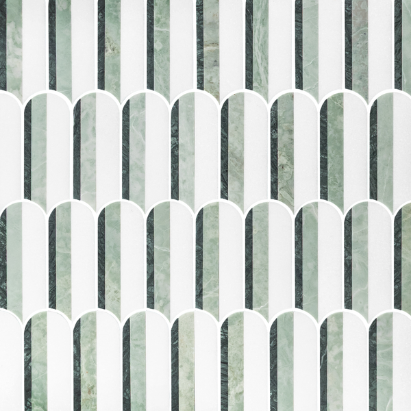 Notte Verde, Emerald Green & White Thassos Tri-Blend Wave Mosaic Honed