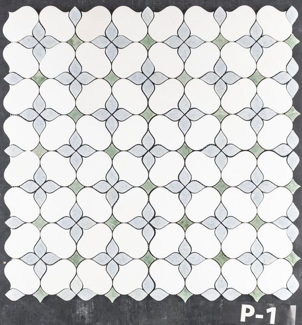 Silueta de Thassos blanca con mosaico azul celeste y verde Ming pulido