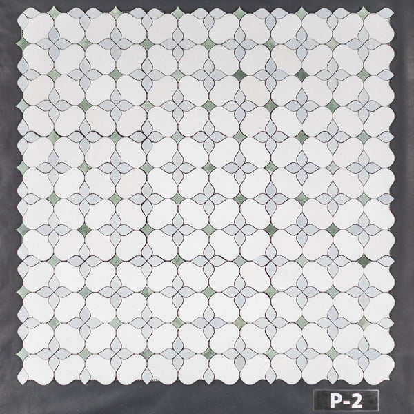 White Thassos Silhouette with Blue Celeste and Emerald Green Mosaic Polished