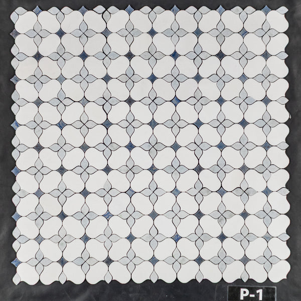 White Thassos Silhouette with Blue Celeste and Azul Macauba Mosaic Polished