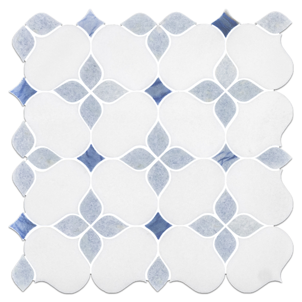White Thassos Silhouette with Blue Celeste and Azul Macauba Mosaic Polished